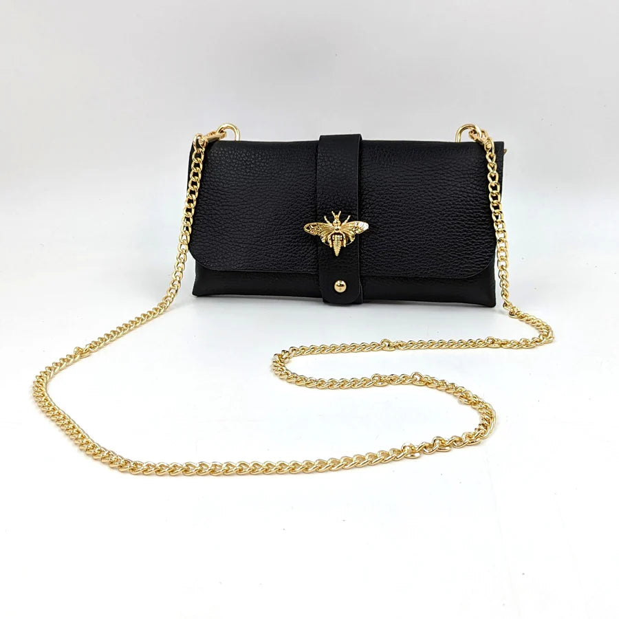 Black leather bag with gold chain online