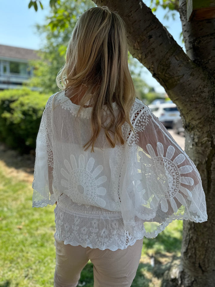 White Sunflower Lace Sleeve Top