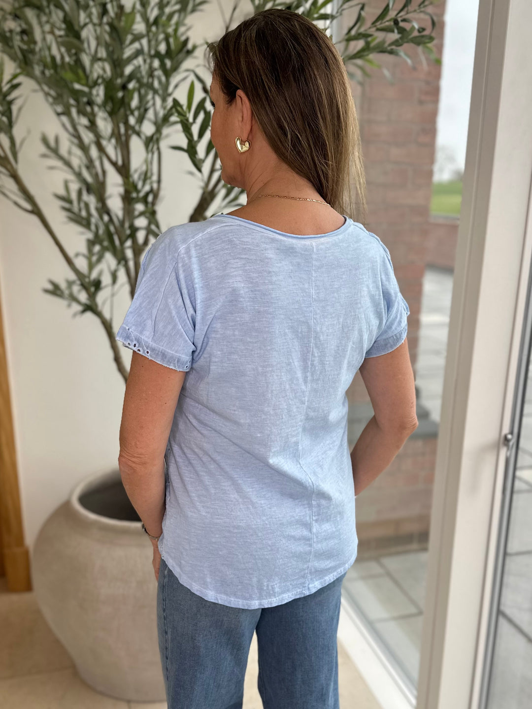 Blue Broderie Detail T-Shirt