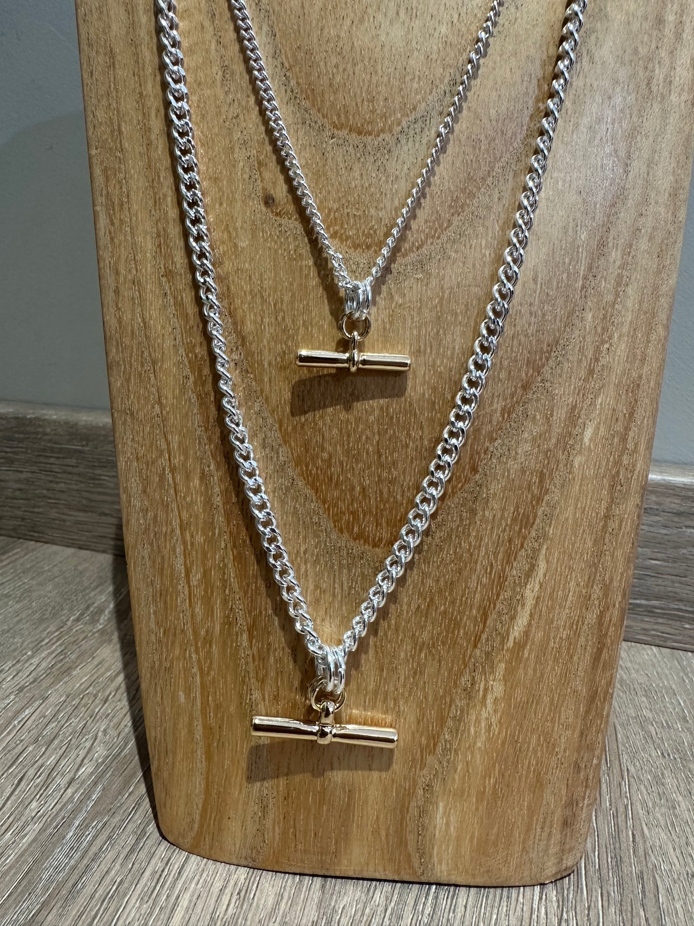 Silver Two Tone T-Bar Necklace