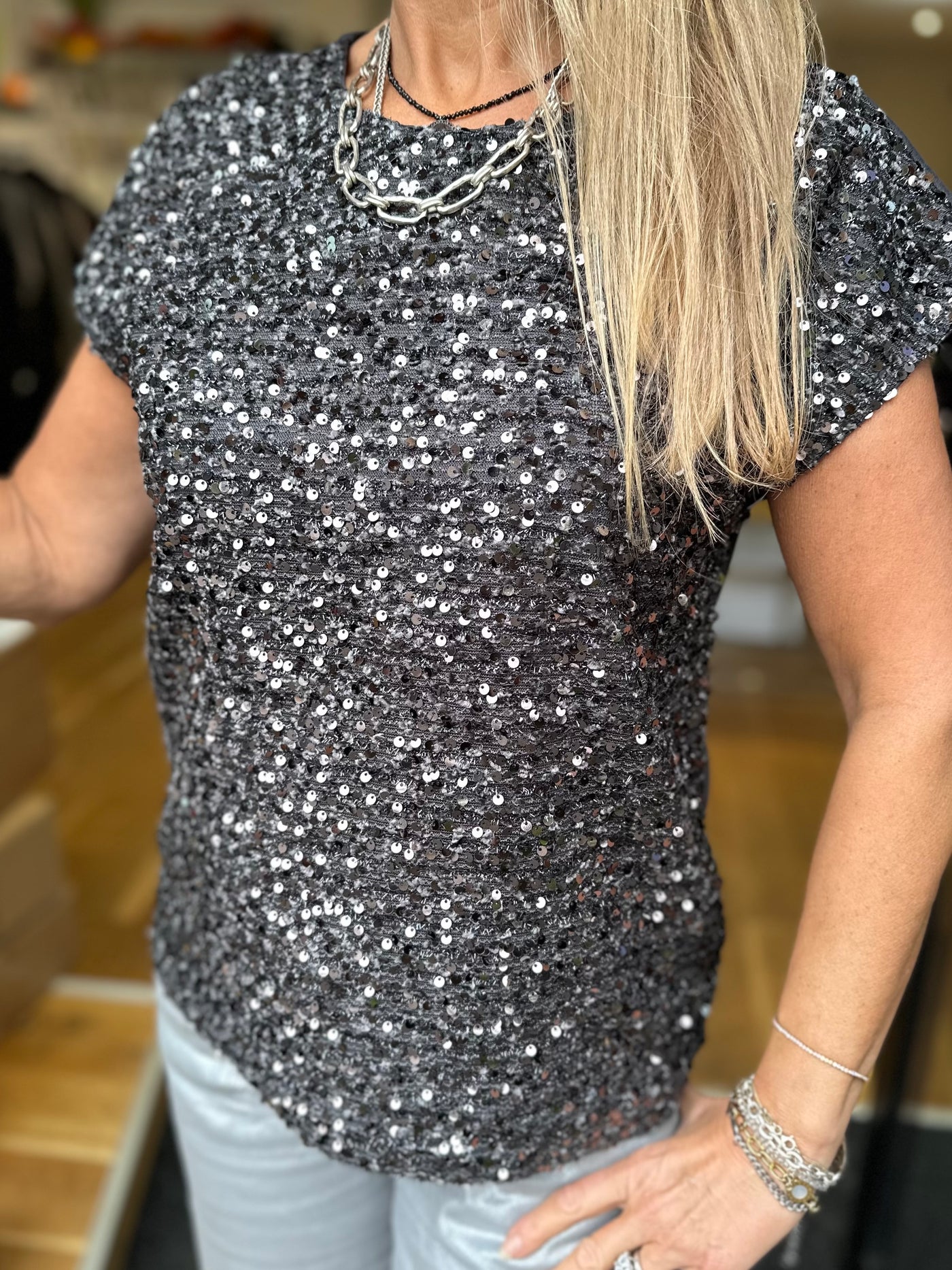 Fransa Grey Sequin Charlotta Top