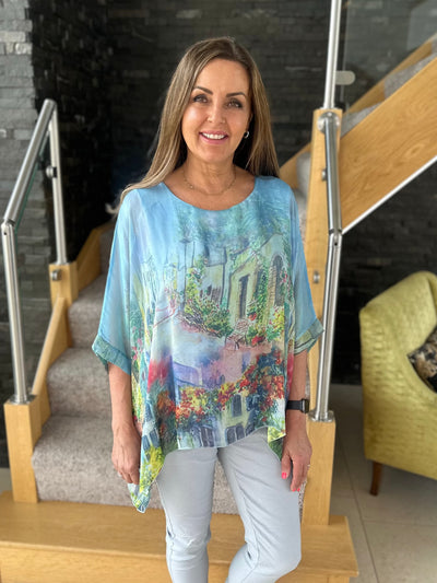 Blue Monet Print Silk Layer Top
