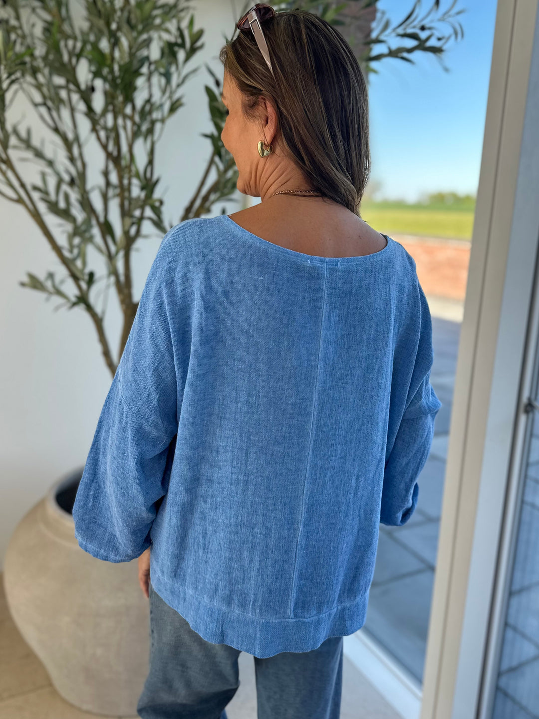 Blue Ruched Side Waffle Top