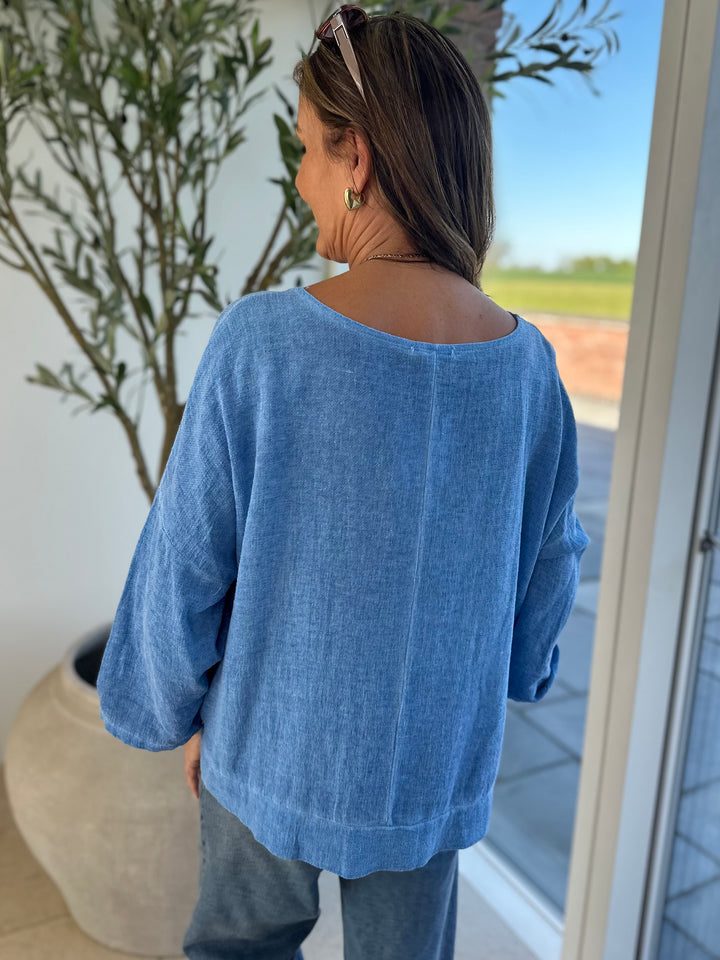 Blue Ruched Side Waffle Top