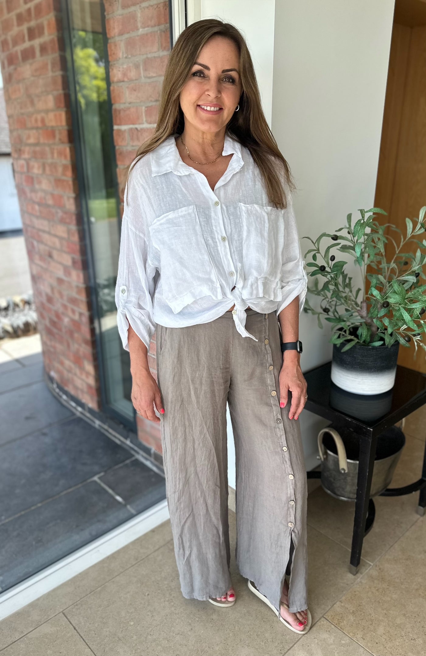 Mink Linen Mix Button Palazzo Pants