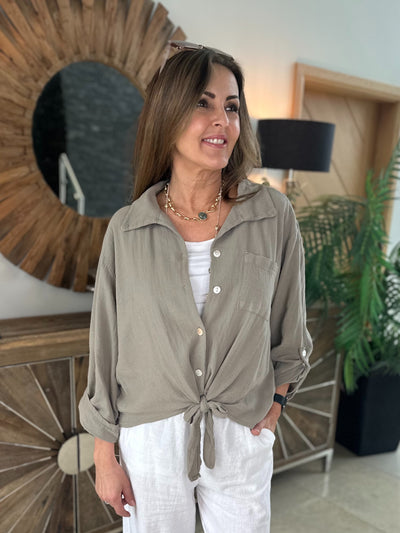 Taupe Crepe Tie Front Shirt