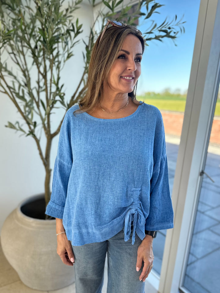 Blue Ruched Side Waffle Top