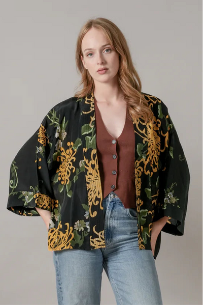 Chrysanthemum Black Crepe Kimono