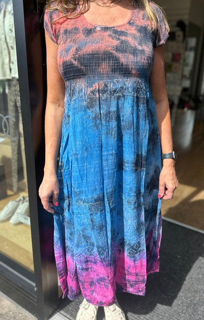 Multicoloured Tie Dye Shirred Cap Sleeve Dress