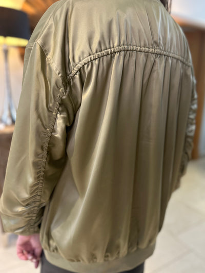 Byoung Khaki Satin Bomber Jacket