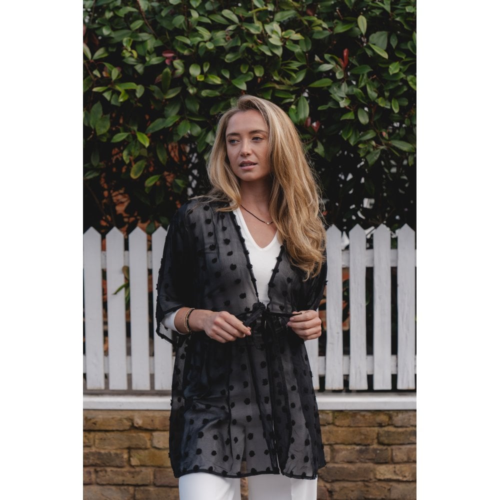 Black Textured Polka Dot Kimono
