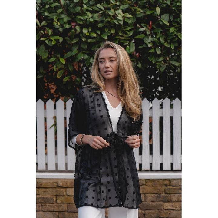 Black Textured Polka Dot Kimono