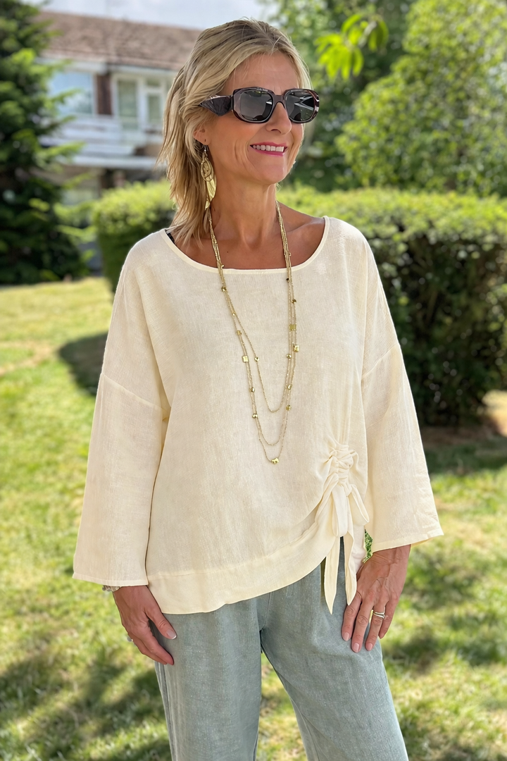 Butter Yellow Ruched Side Waffle Top