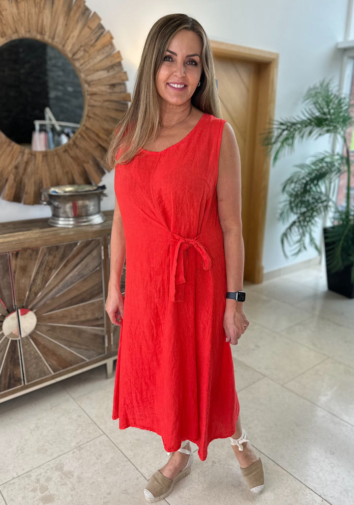 Red Linen Waist Tie Dress