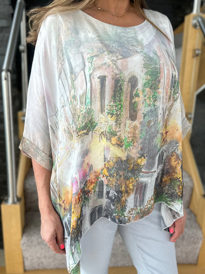 Grey Monet Print Silk Layer Top