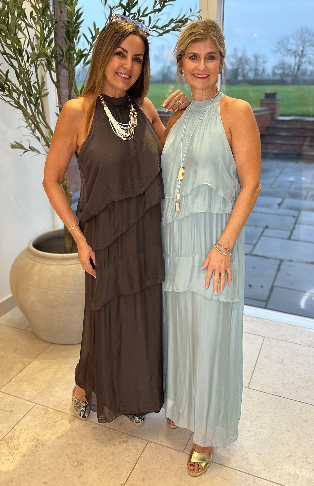 Aqua Silk Ruffle Maxi Dress