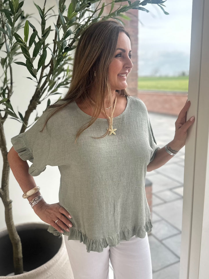 Khaki Waffle Frill Top