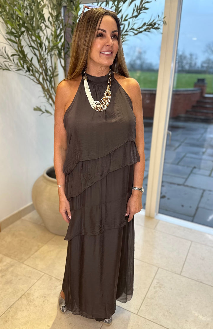 Chocolate Silk Ruffle Maxi Dress