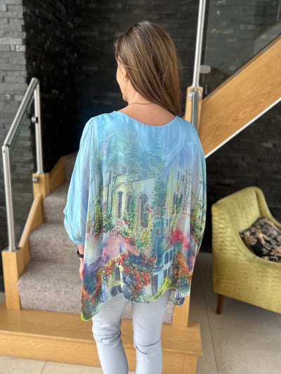Blue Monet Print Silk Layer Top