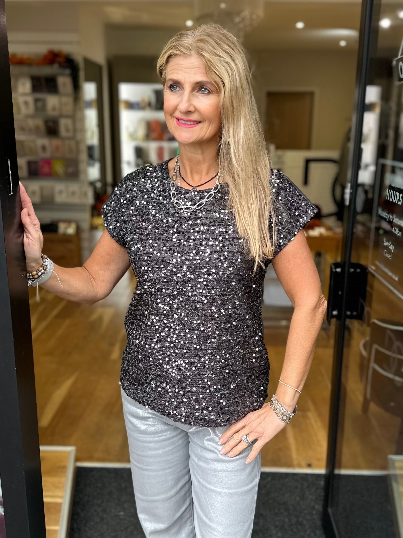 Fransa Grey Sequin Charlotta Top