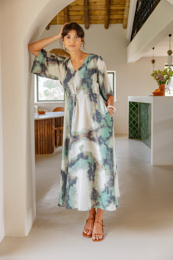 Fransa Green Watercolour Ayla Dress