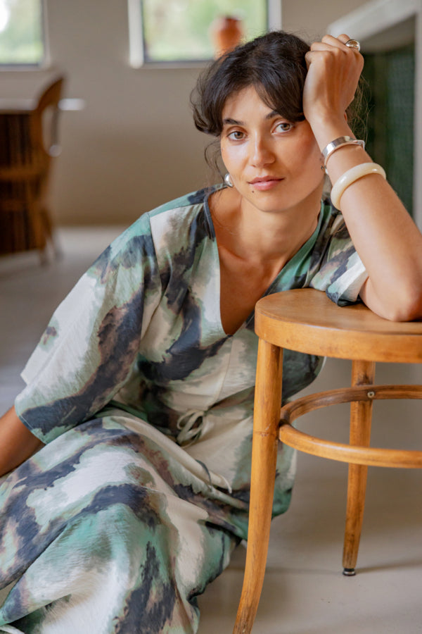 Fransa Green Watercolour Ayla Dress