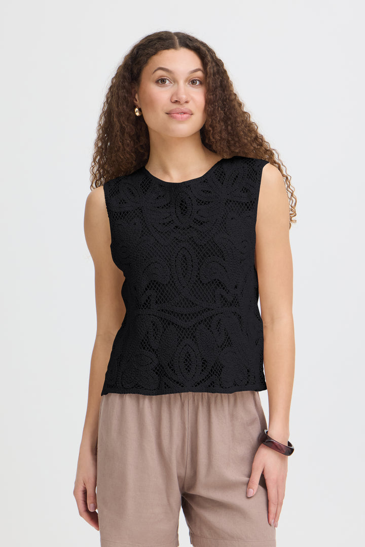 Fransa Black Crochet Sleeveless Top