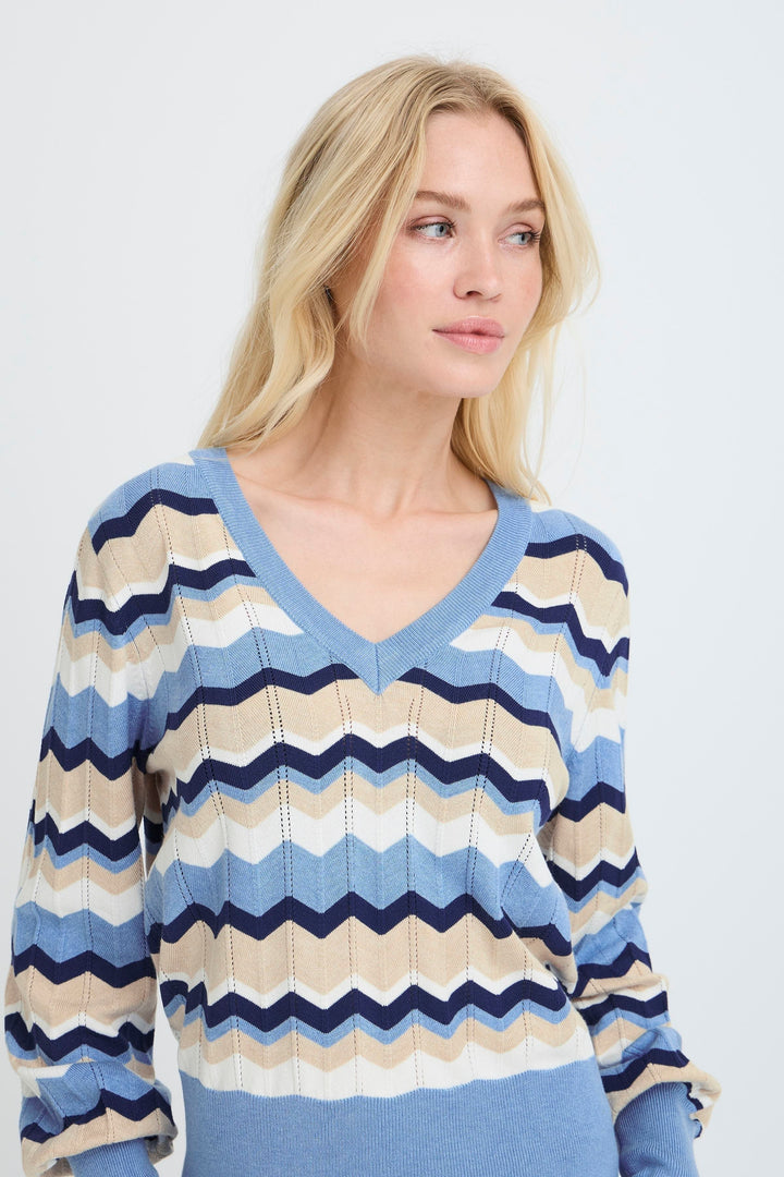 Byoung Blue Stripe Pointelle V Neck