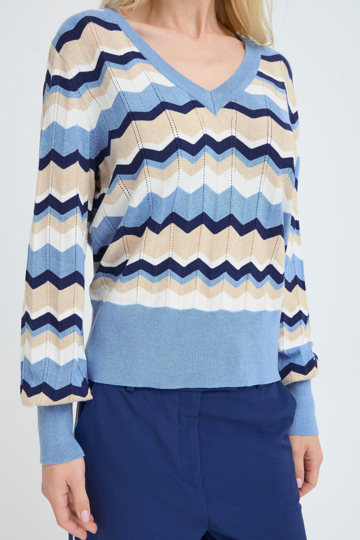 Byoung Blue Stripe Pointelle V Neck