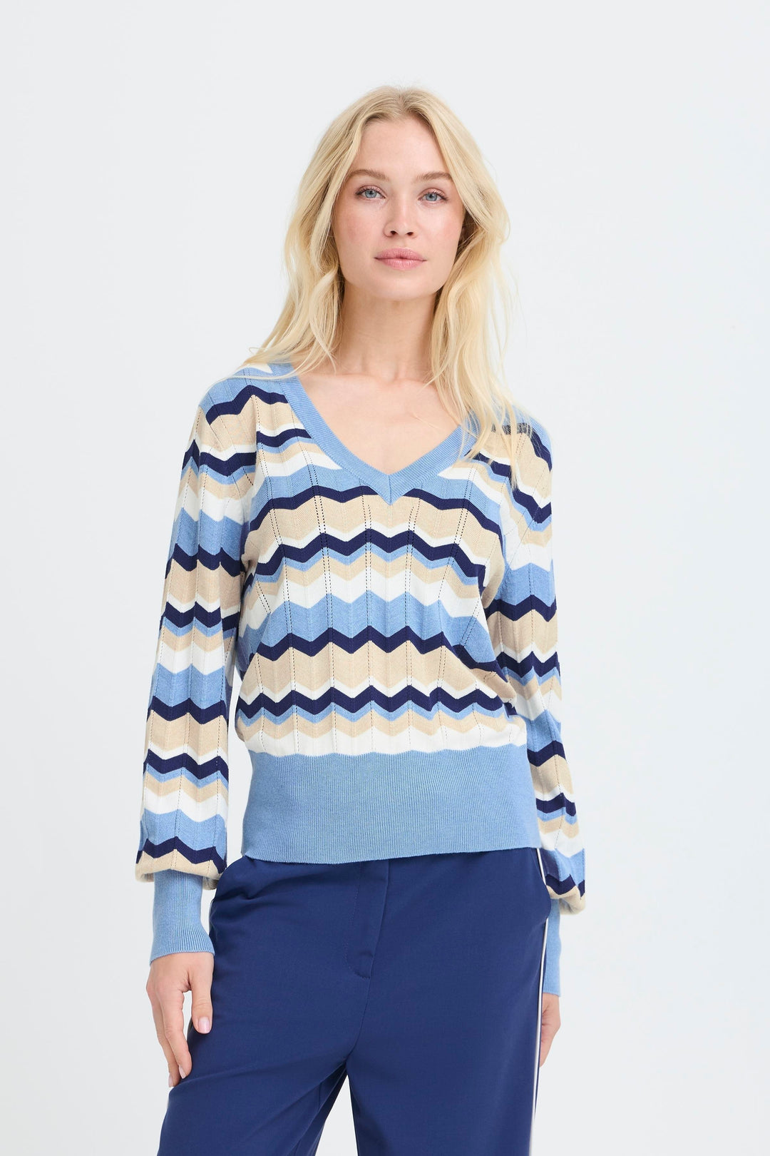 Byoung Blue Stripe Pointelle V Neck