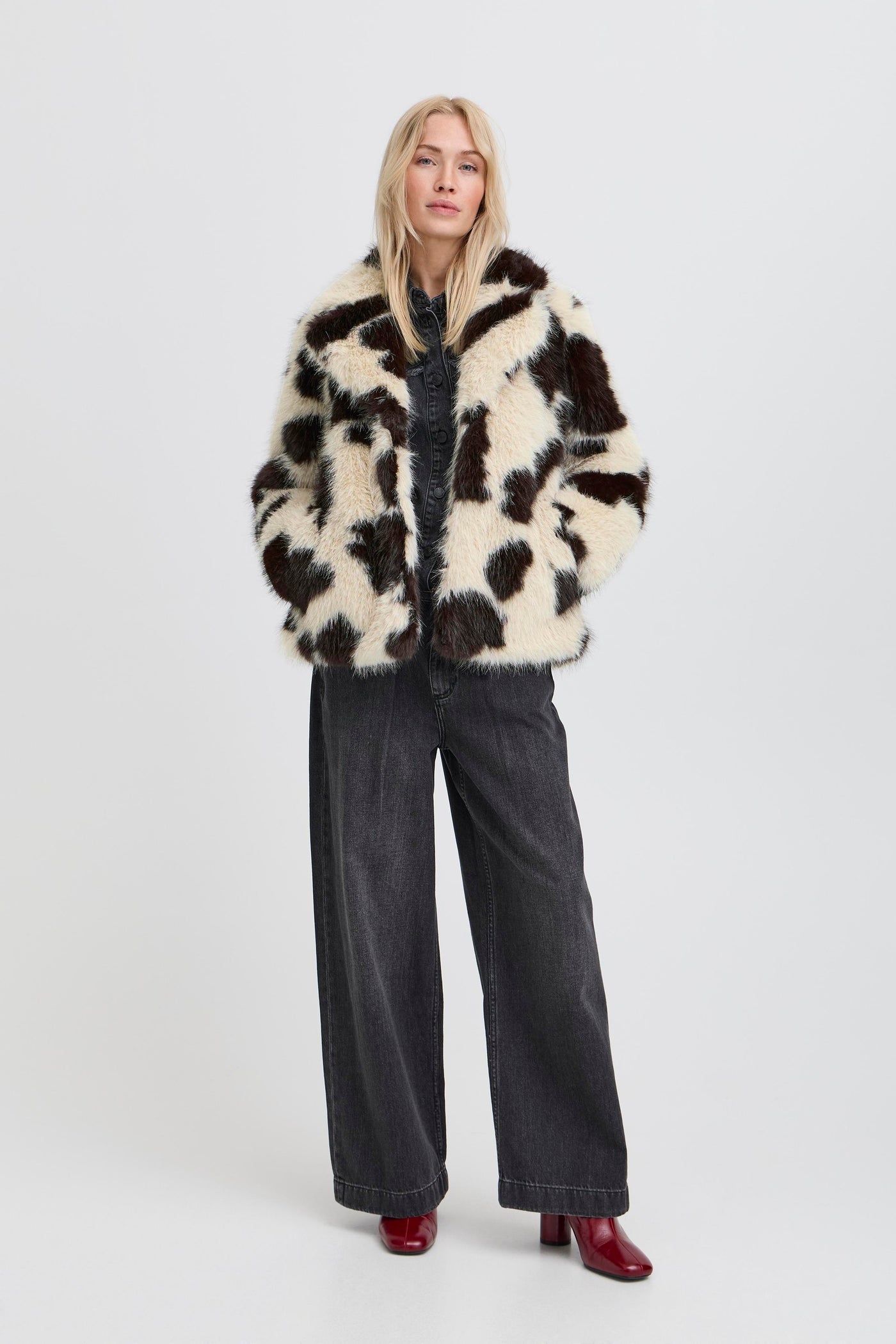 Byoung Cow Print Furry Coat