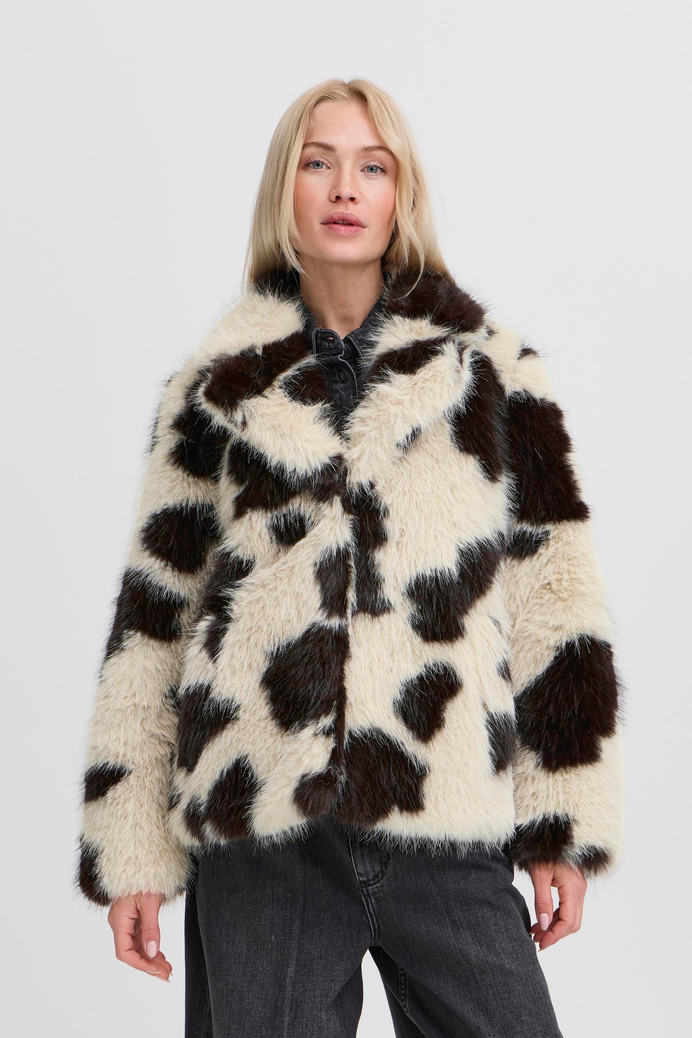 Byoung Cow Print Furry Coat