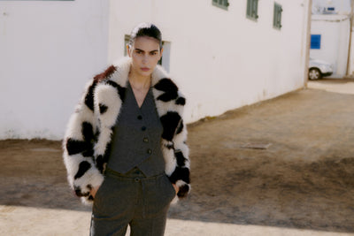 Byoung Cow Print Furry Coat