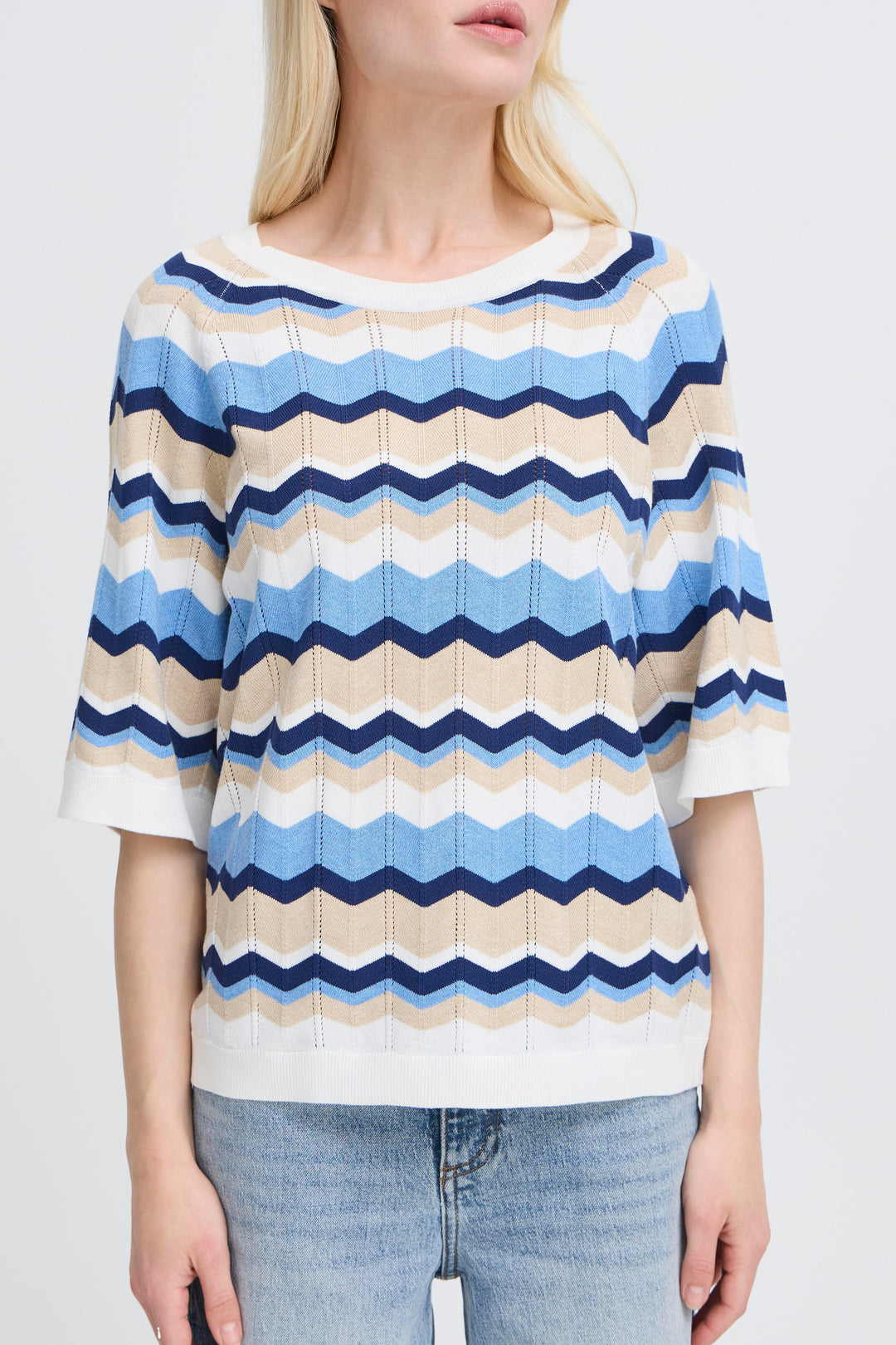 Byoung Blue Stripe Pointelle Round Neck