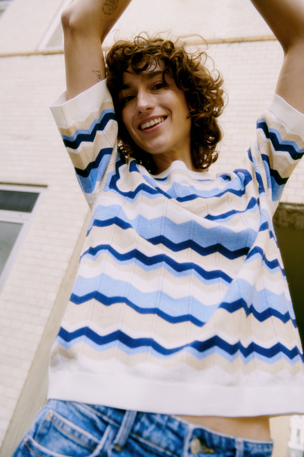 Byoung Blue Stripe Pointelle Round Neck