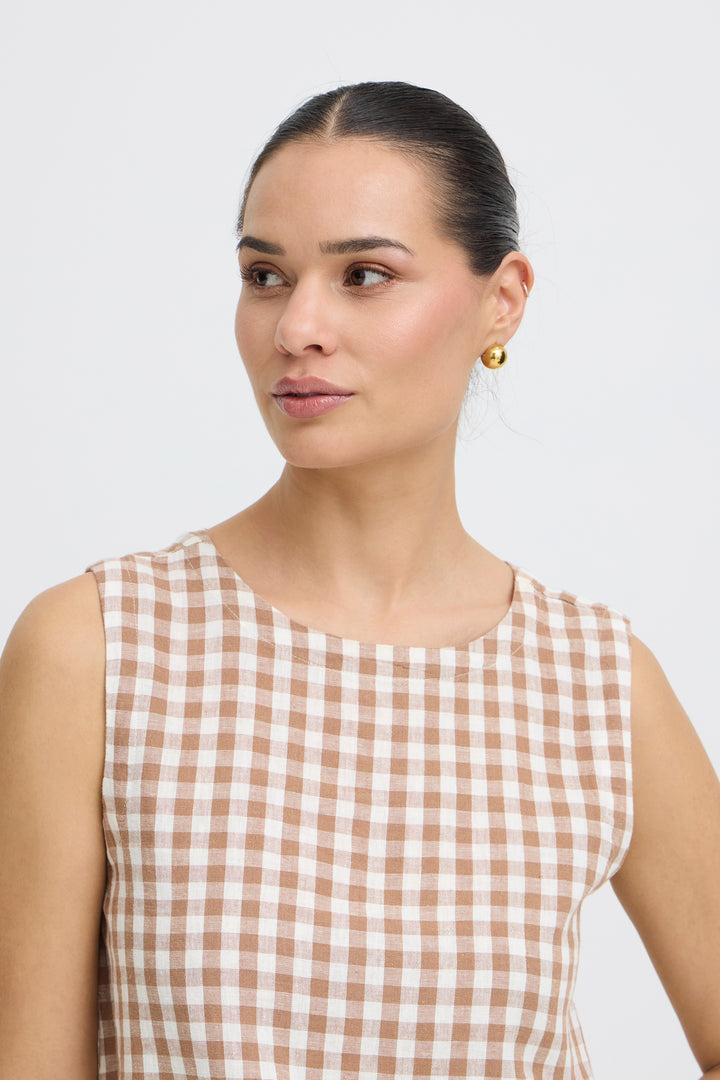 Byoung Linen Blend Check Mocha Top
