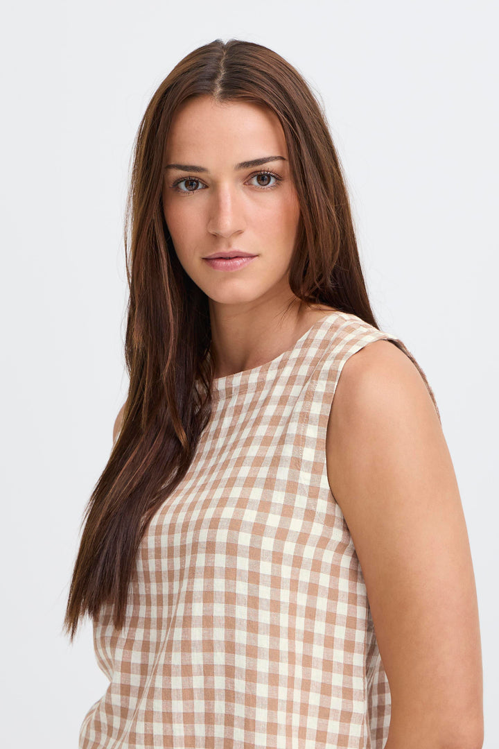 Byoung Linen Blend Check Mocha Top