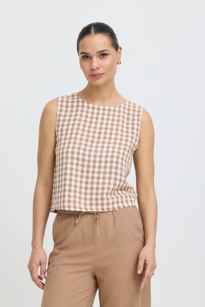 Byoung Linen Blend Check Mocha Top