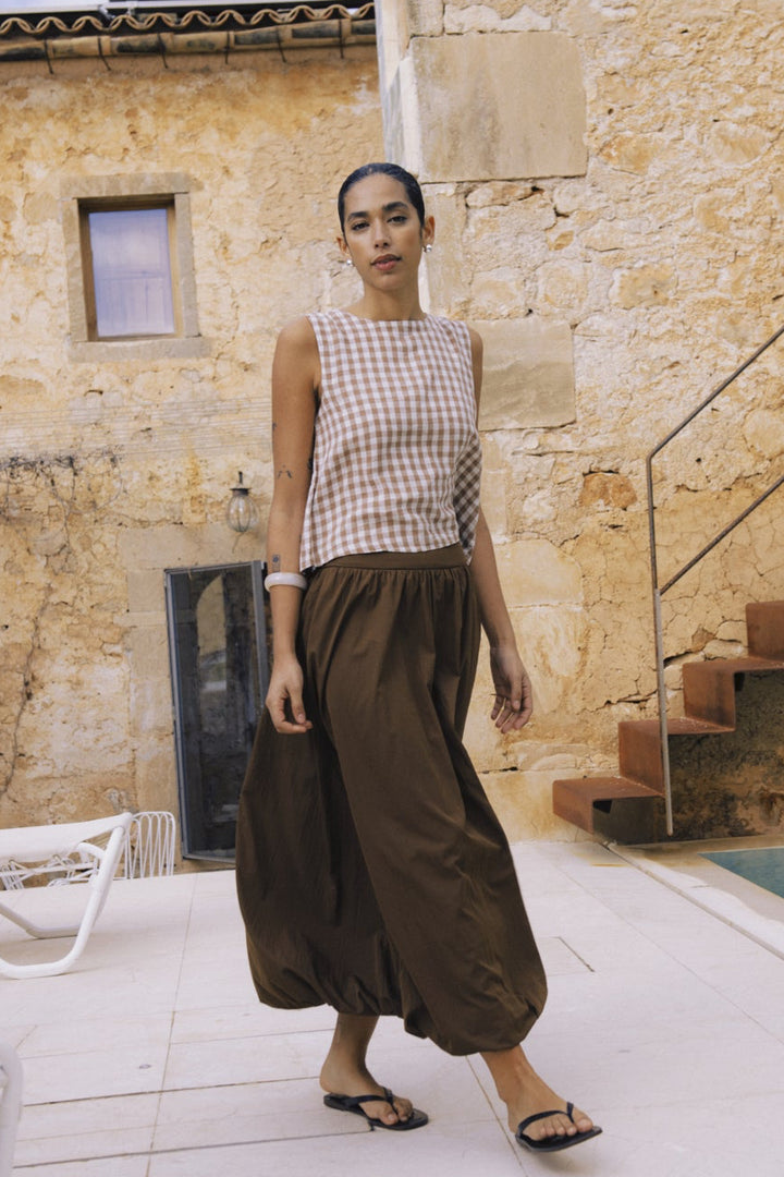 Byoung Linen Blend Check Mocha Top