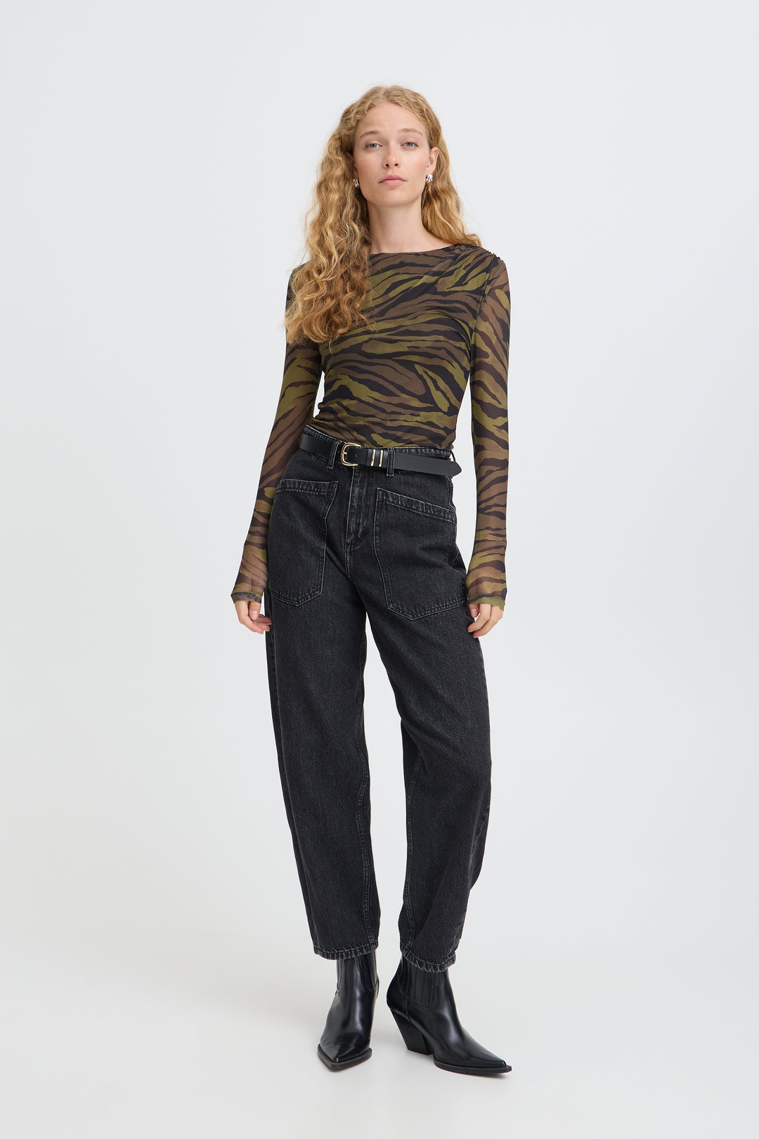 Byoung Khaki Zebra Toa Mesh Top