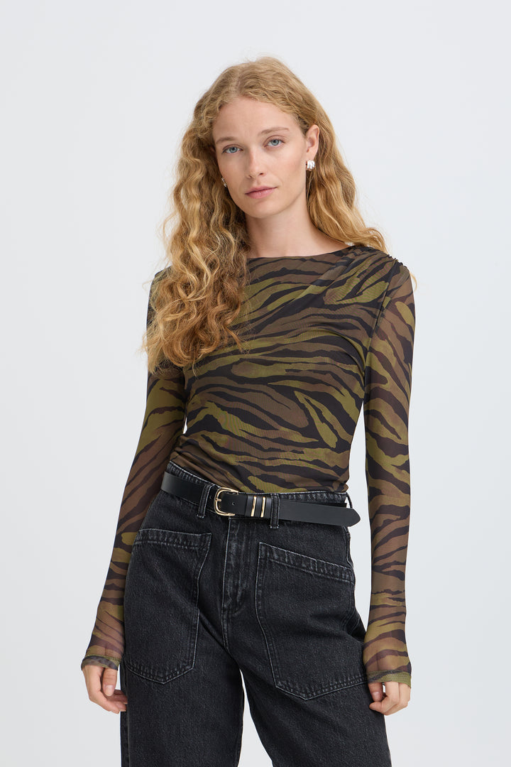 Byoung Khaki Zebra Toa Mesh Top