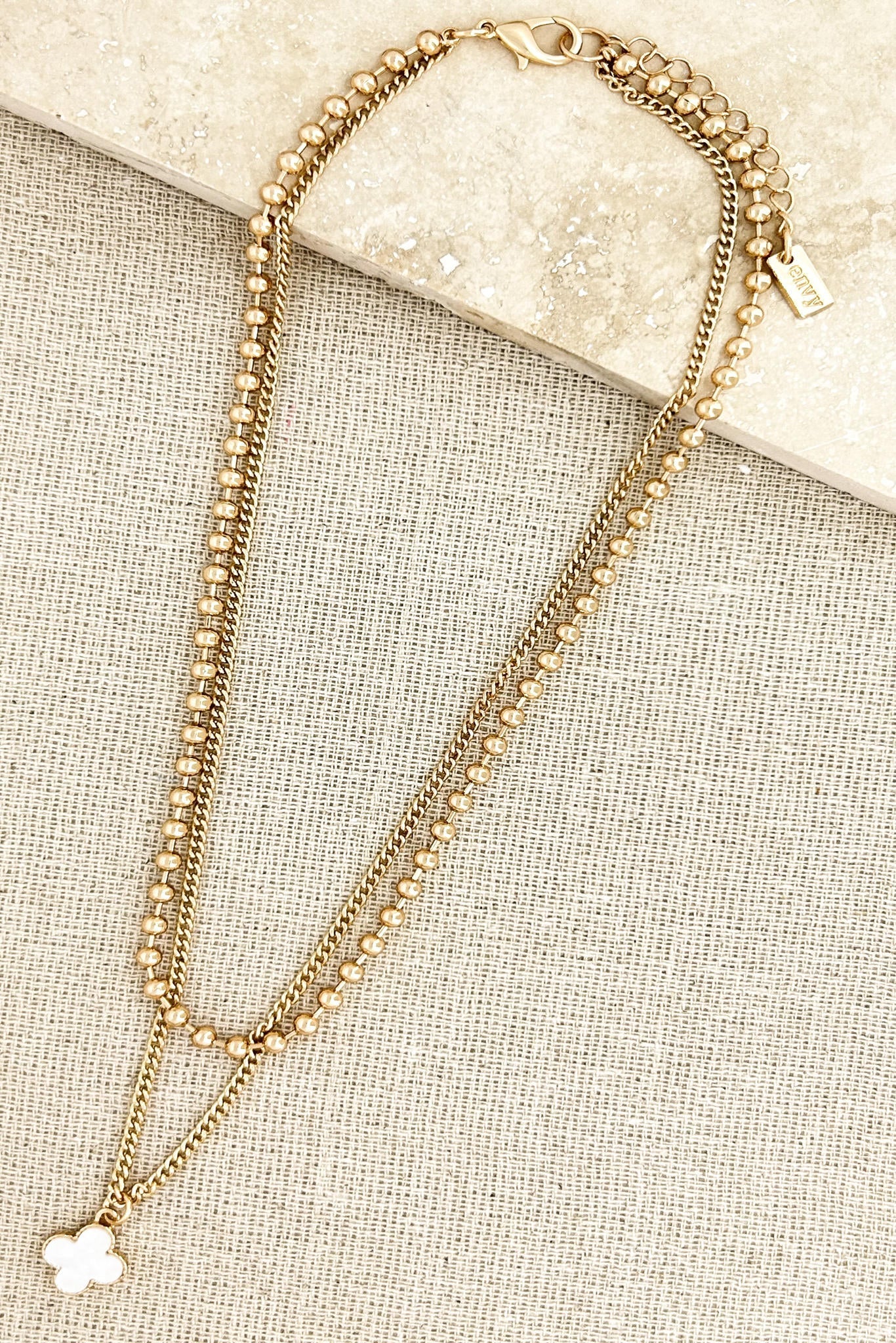 Gold & Single White Clover Short Necklace
