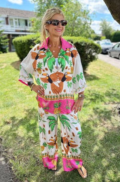 Tropical Toucan Print Silky Trousers