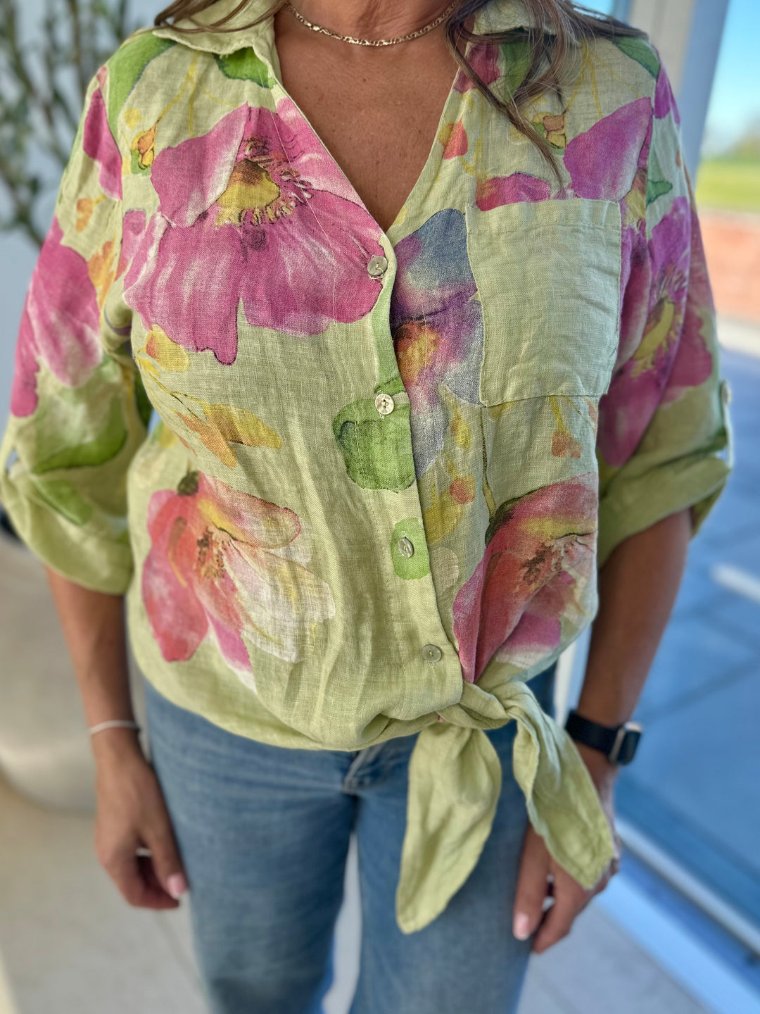 Lime Linen Tie Front Shirt