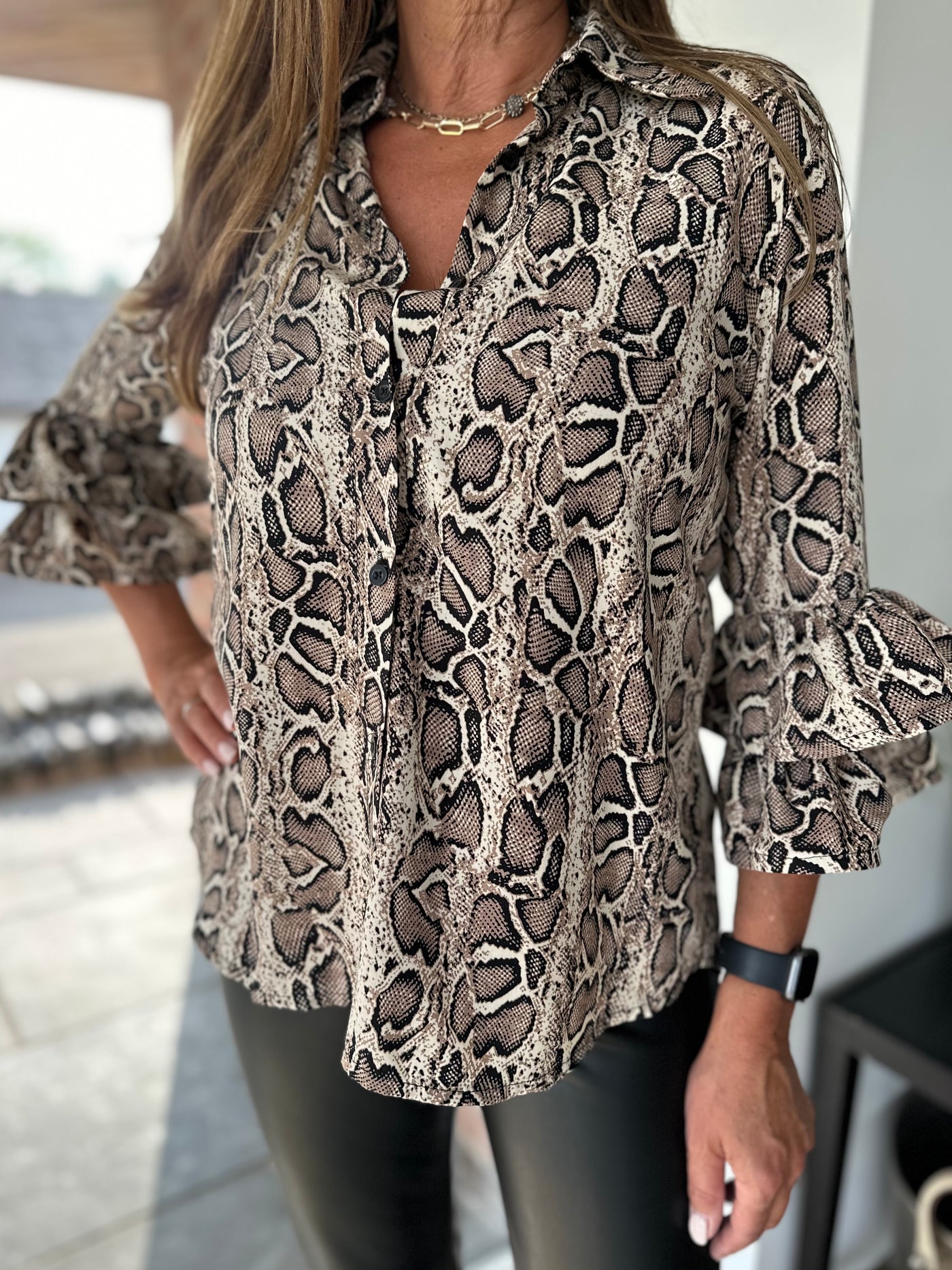 Snake Print Frill Sleeve Shirt