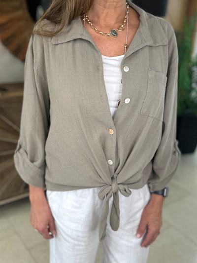 Taupe Crepe Tie Front Shirt