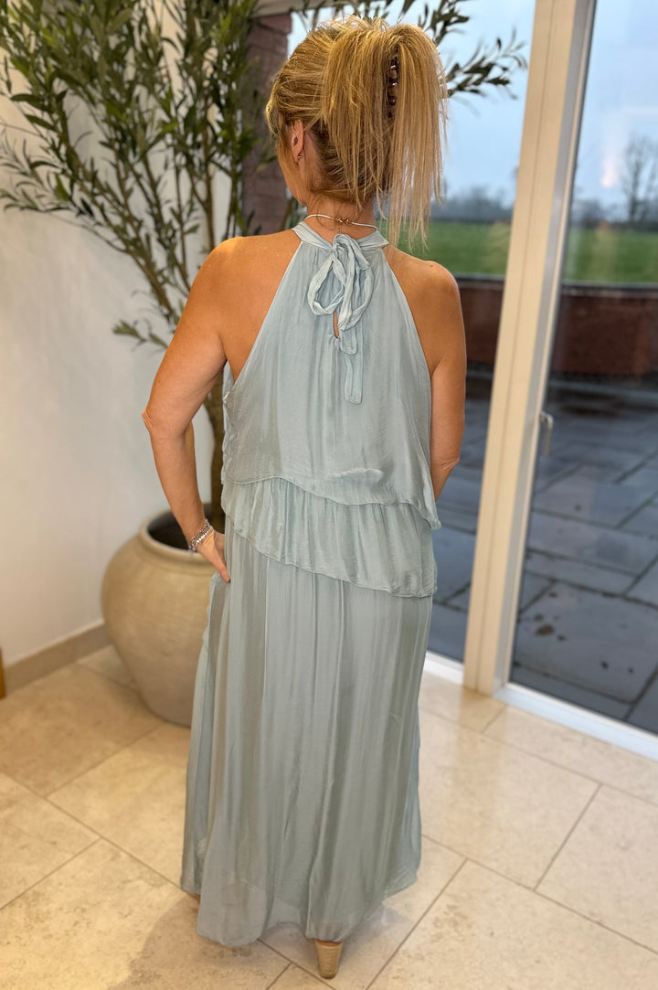 Aqua Silk Ruffle Maxi Dress