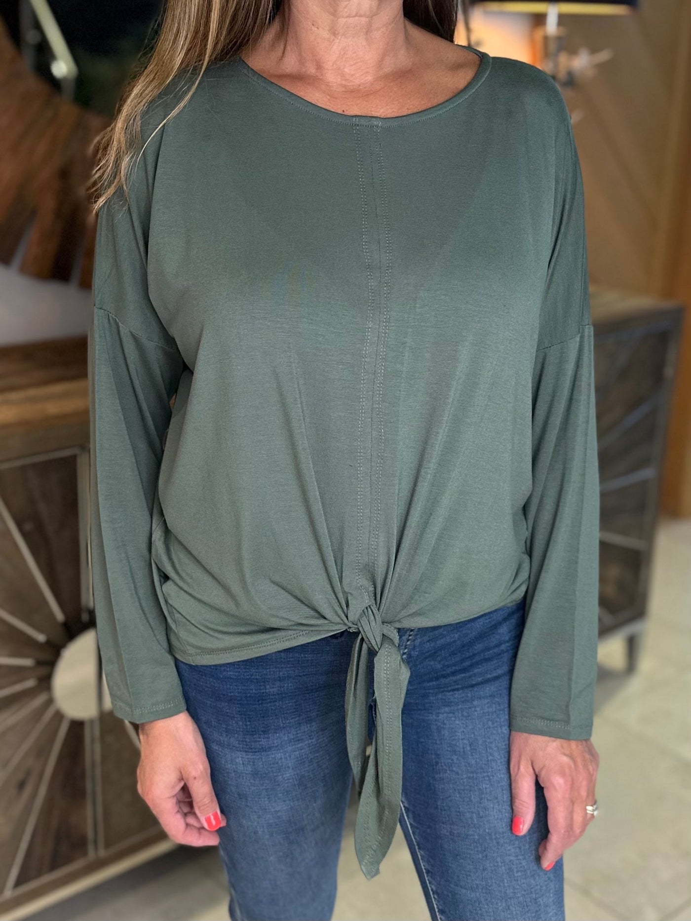 Khaki Long Sleeved Tie Front Top