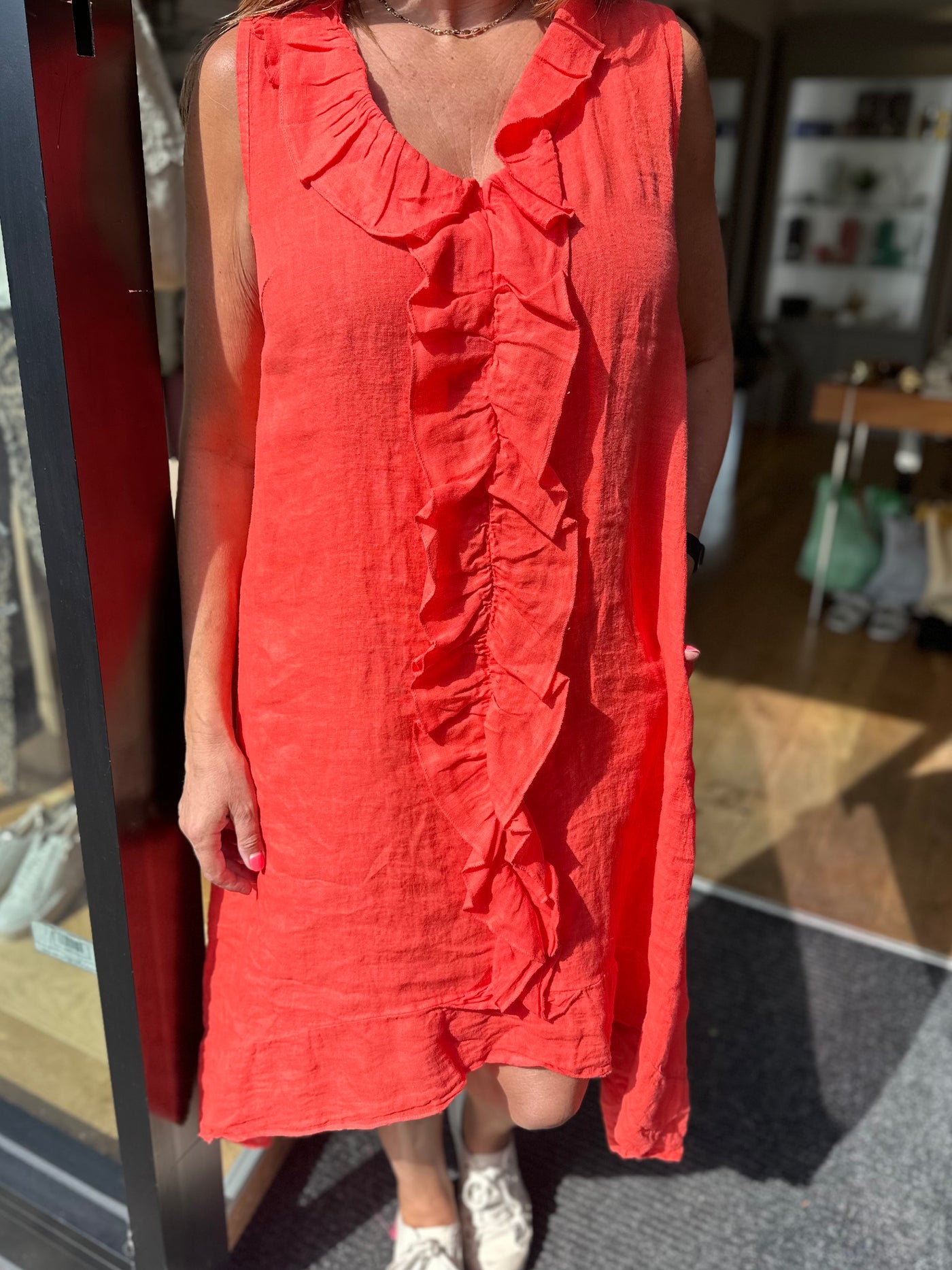 Coral Linen Ruffle Dress