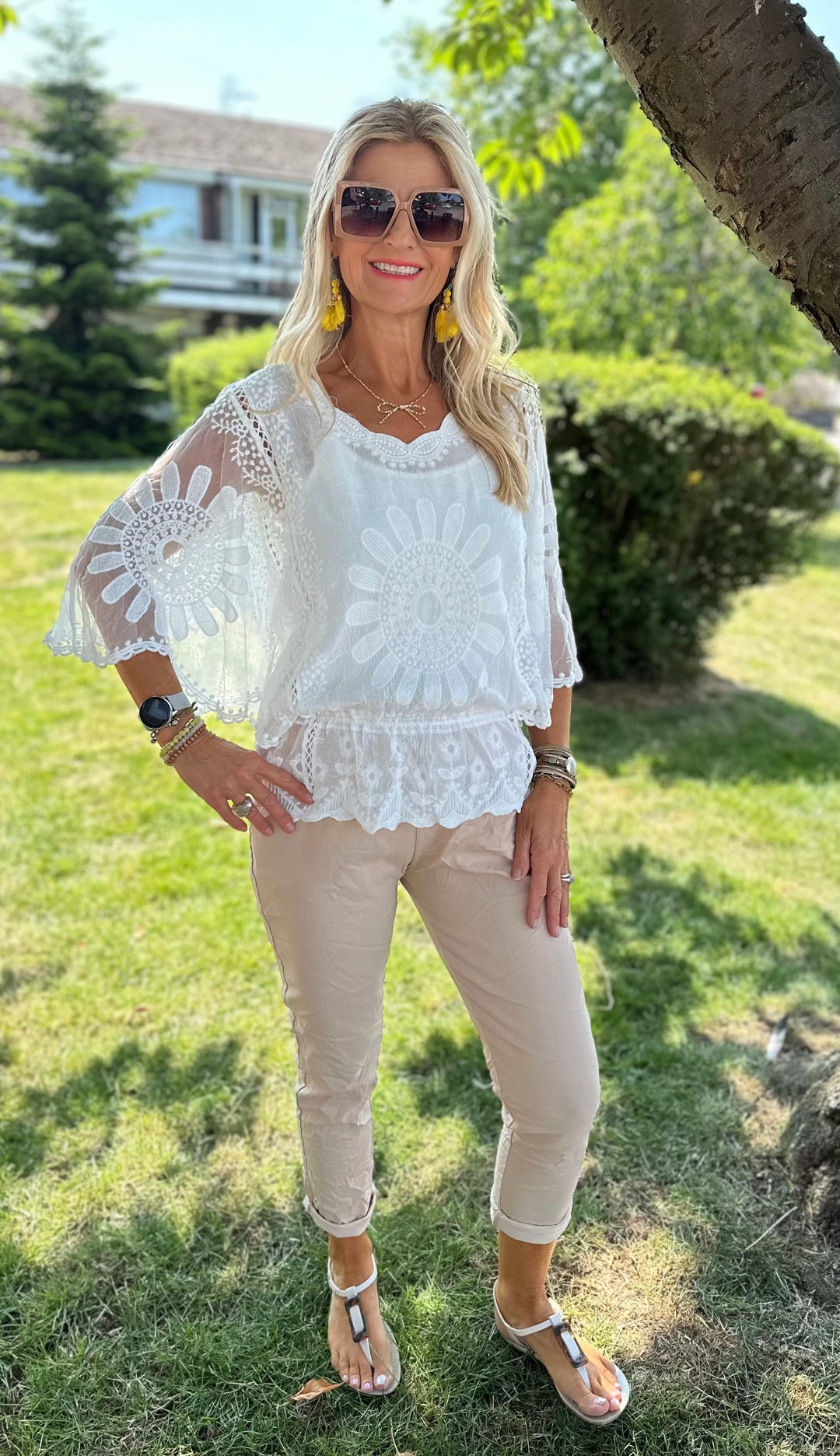 White Sunflower Lace Sleeve Top
